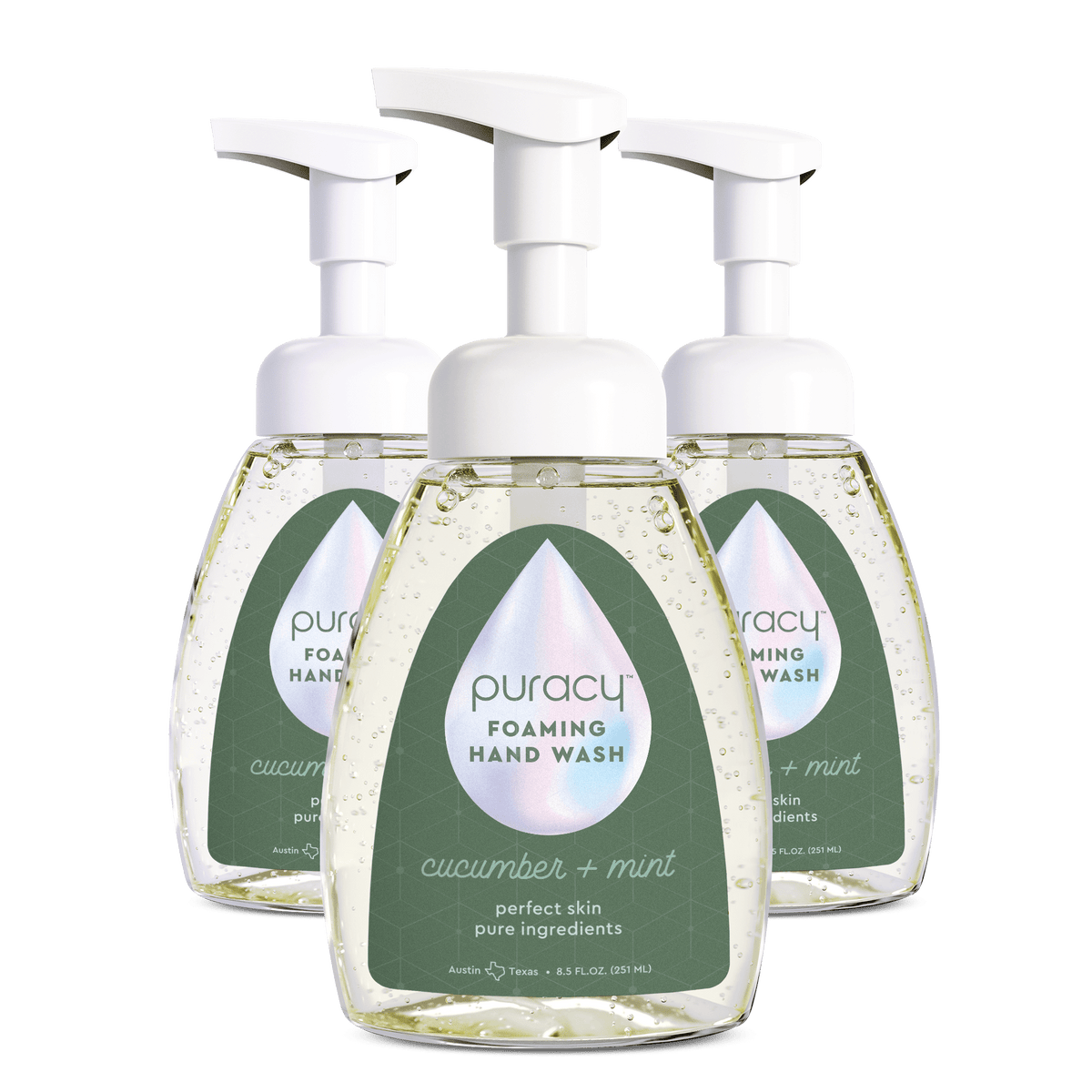 Three bottles of Foaming Hand Soap by Puracy, featuring a cucumber and mint label, made from plant-based ingredients for an eco-friendly touch.