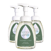 Three bottles of Foaming Hand Soap by Puracy, featuring a cucumber and mint label, made from plant-based ingredients for an eco-friendly touch.