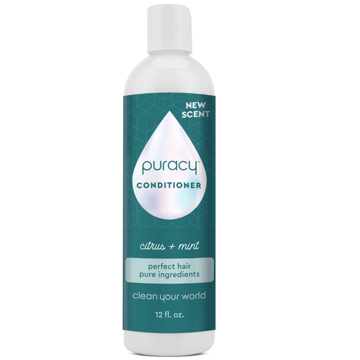 The Puracy Conditioner (Silicone/Dimethicone/Sulfate Free) comes in a bottle with a blue label, promoting its new Citrus + Mint scent. Enriched with natural essential oils, this sulfate-free formula deeply hydrates your hair, leaving it feeling refreshed and revitalized.