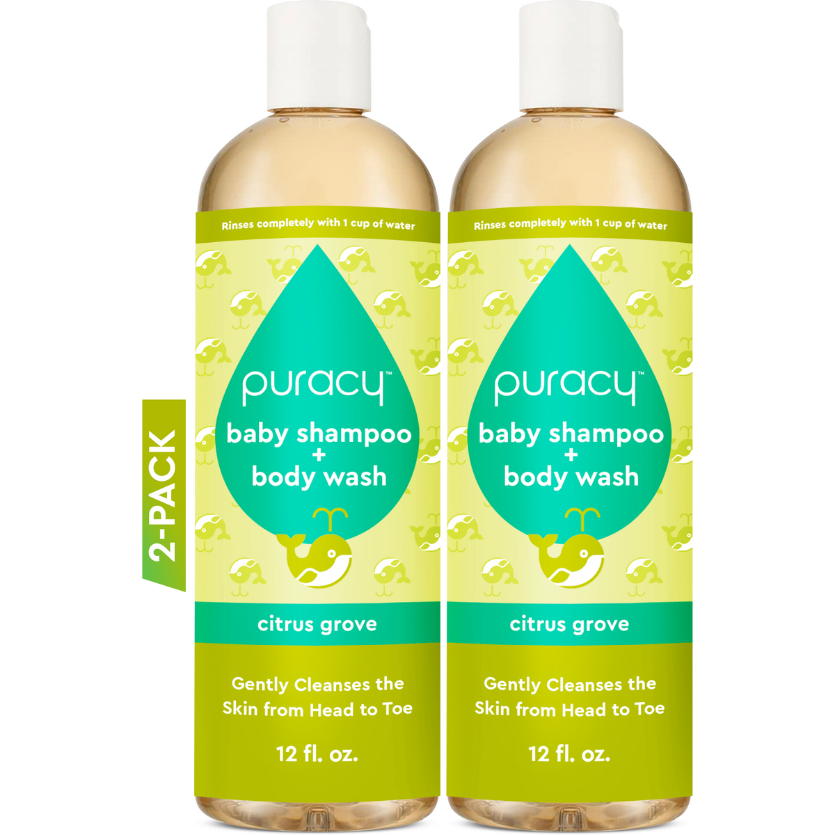 Two bottles of Baby Shampoo & Body Wash (Tear-Free), ideal for sensitive skin and formulated with plant-derived ingredients in a refreshing citrus grove scent. Each 12 fl oz bottle is conveniently packaged in a 2-pack.