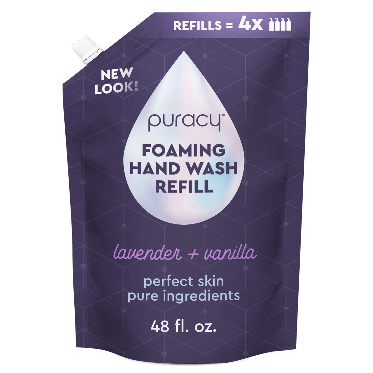 Puracy Foaming Hand Soap, with a new label design, is available in a 48 fl. oz. lavender + vanilla refill pouch and features eco-friendly, plant-based ingredients for a gentle clean.