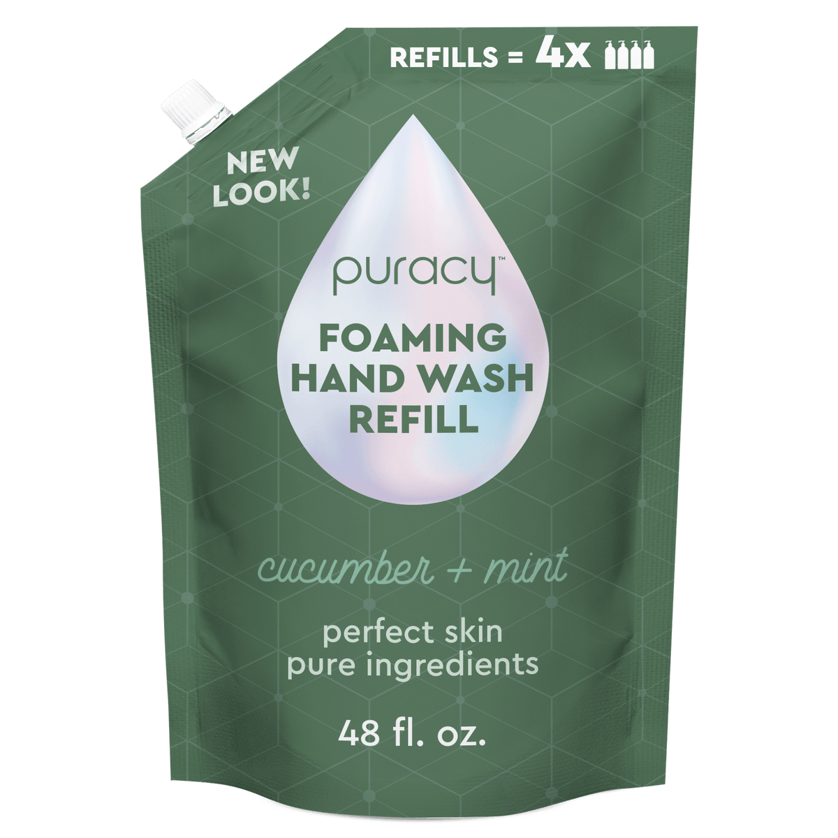 Introducing the newly labeled green pouch of Foaming Hand Soap Refill by Puracy, containing 48 fl. oz. of plant-based ingredients with a refreshing cucumber mint scent. This eco-friendly and biodegradable option offers a cleaner choice for your home.