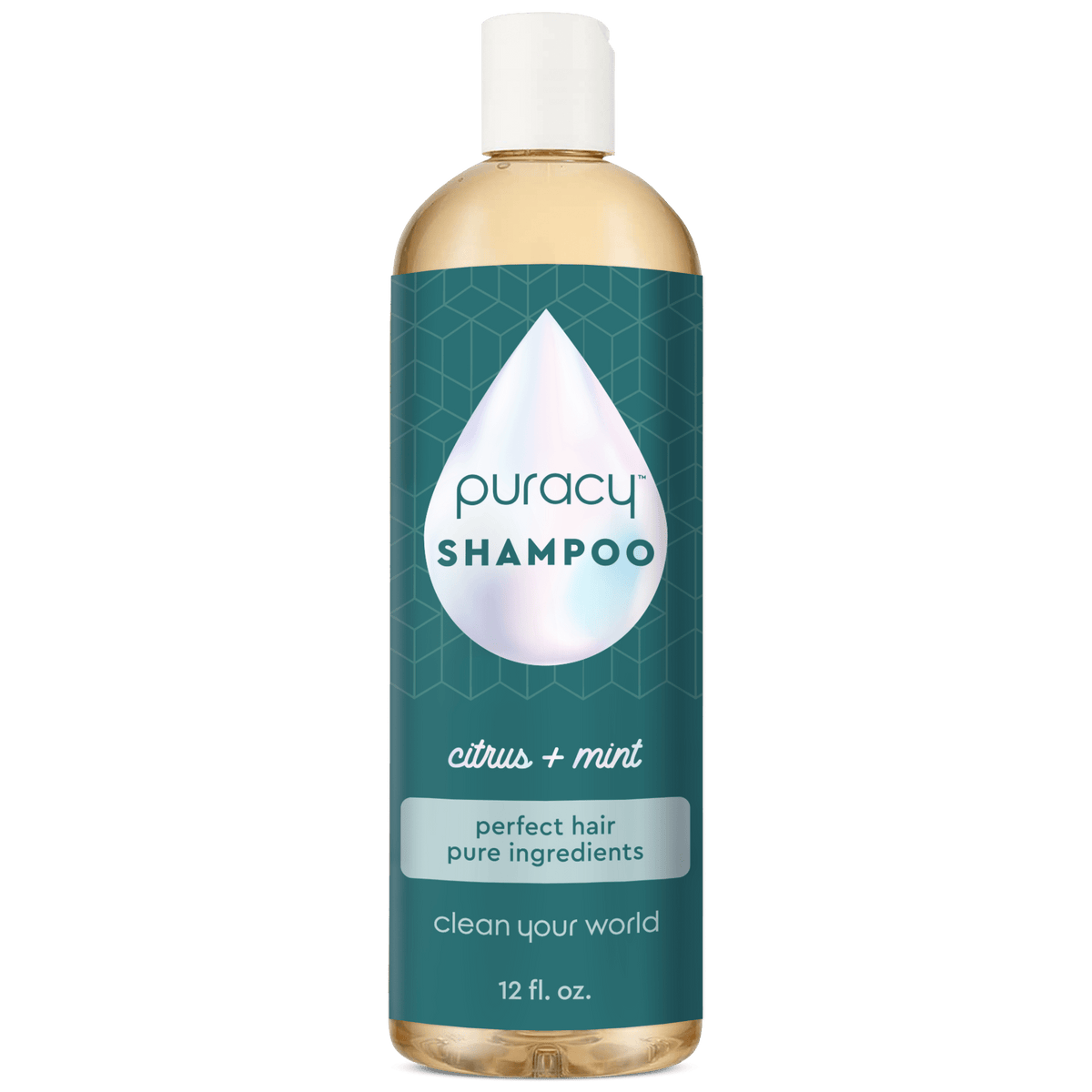 Puracy Shampoo (Sulfate/Paraben/Silicone-Free), citrus + mint, 12 fl. oz, featuring a blue and clear label, infused with botanical extracts and essential oils for a refreshing cleanse, provides gentle nourishment for your hair.