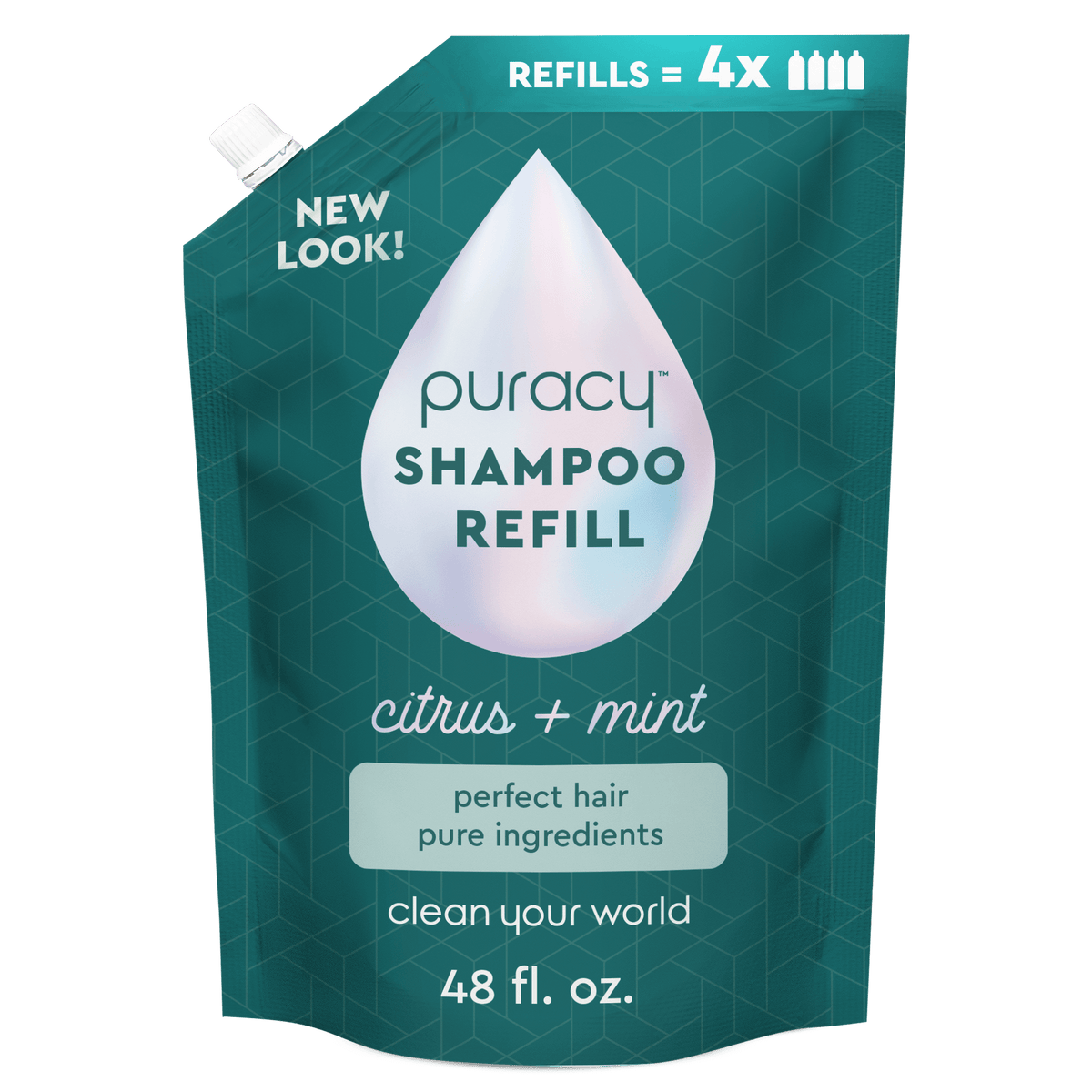 The 48 fl. oz. teal pouch of Puracy's Sulfate/Paraben/Silicone-Free Shampoo refill, enriched with essential oils and botanical extracts for a citrus mint scent, features a new look label.