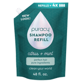 The 48 fl. oz. teal pouch of Puracy's Sulfate/Paraben/Silicone-Free Shampoo refill, enriched with essential oils and botanical extracts for a citrus mint scent, features a new look label.