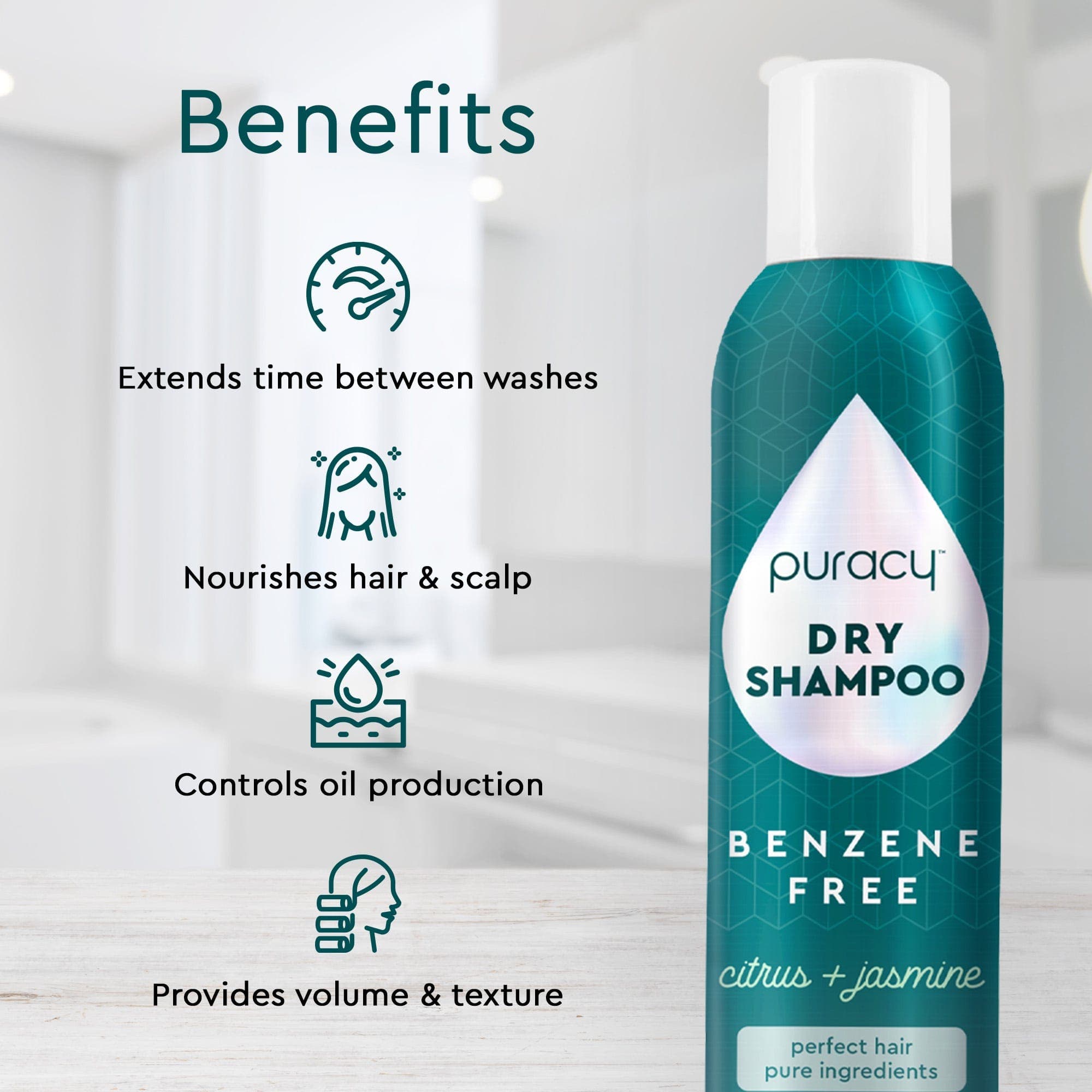 Puracy Dry Shampoo (Benzene & Silicone-Free, Color-Safe) bottle with citrus and jasmine scent, featuring hypoallergenic vegan benefits listed on the left side. Crafted with plant-based ingredients for a gentle, refreshing cleanse.  #common #size_standard
