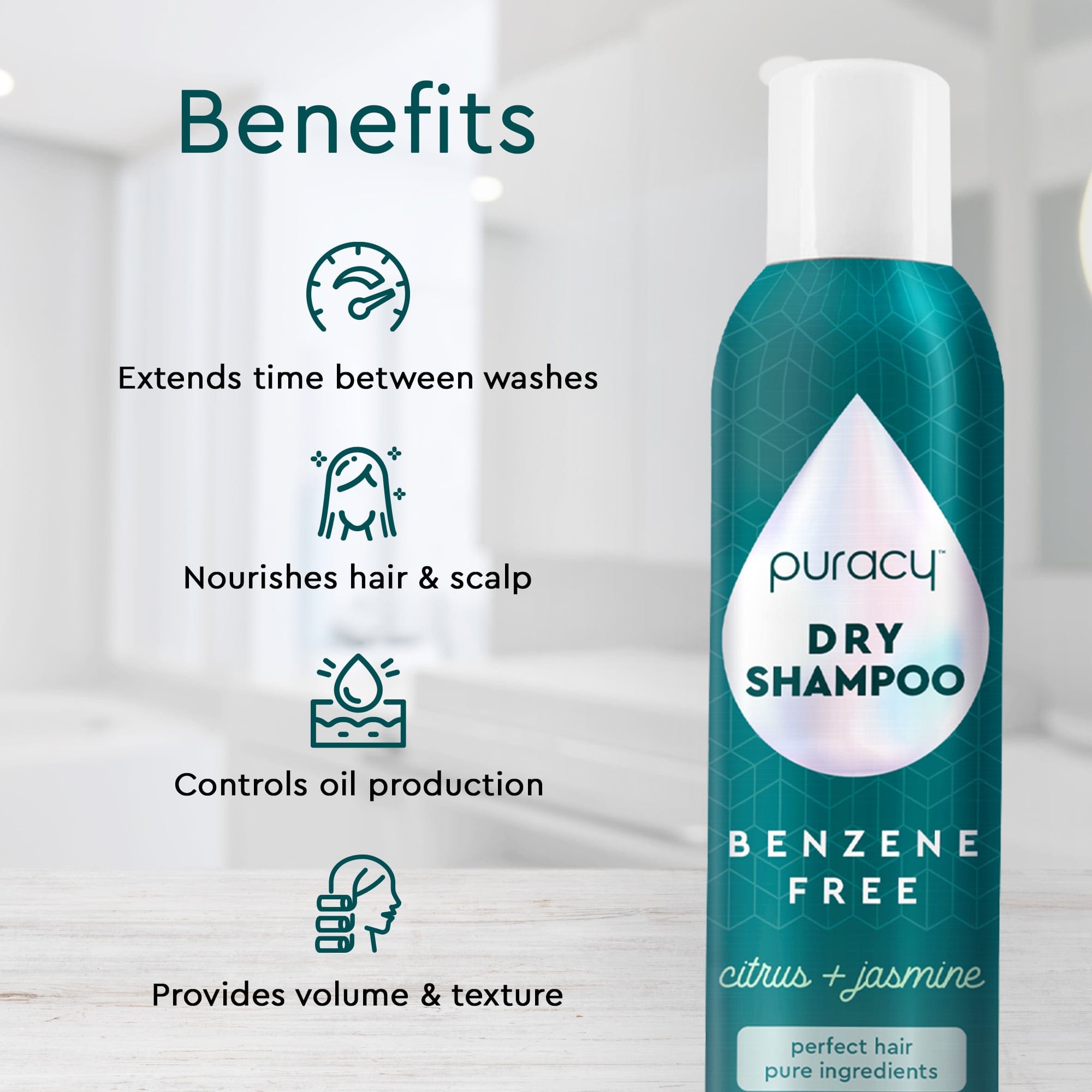 Puracy Dry Shampoo (Benzene & Silicone-Free, Color-Safe) bottle with citrus and jasmine scent, featuring hypoallergenic vegan benefits listed on the left side. Crafted with plant-based ingredients for a gentle, refreshing cleanse.