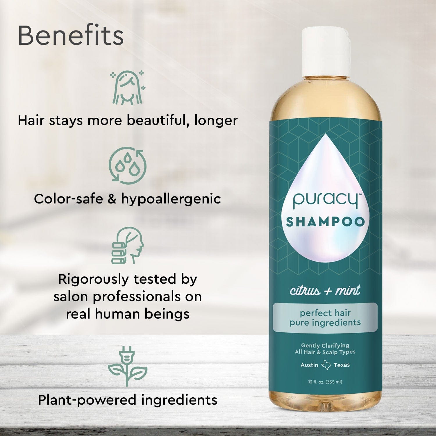 A bottle of Sulfate/Paraben/Silicone-Free Shampoo, enriched with essential oils, offering benefits such as being safe for color-treated hair and hypoallergenic.