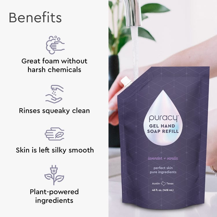 The Gel Hand Soap refill delivers excellent foam, leaving hands feeling exceptionally clean and smooth. Formulated with plant-derived ingredients, it offers moisturizing and hydrating benefits for your skin #common #scent_lavender-vanilla refill_#size