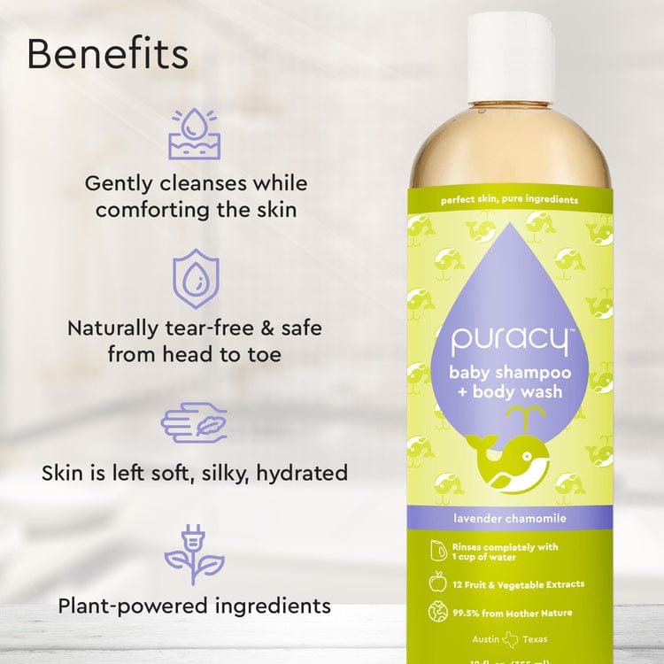 The Baby Shampoo & Body Wash (Tear-Free) provides gentle, tear-free care, perfect for sensitive skin. This moisturizing formula is made with plant-derived ingredients and features a calming lavender chamomile scent. #common #scent_lavender-chamomile standard-pack-of-2_#size