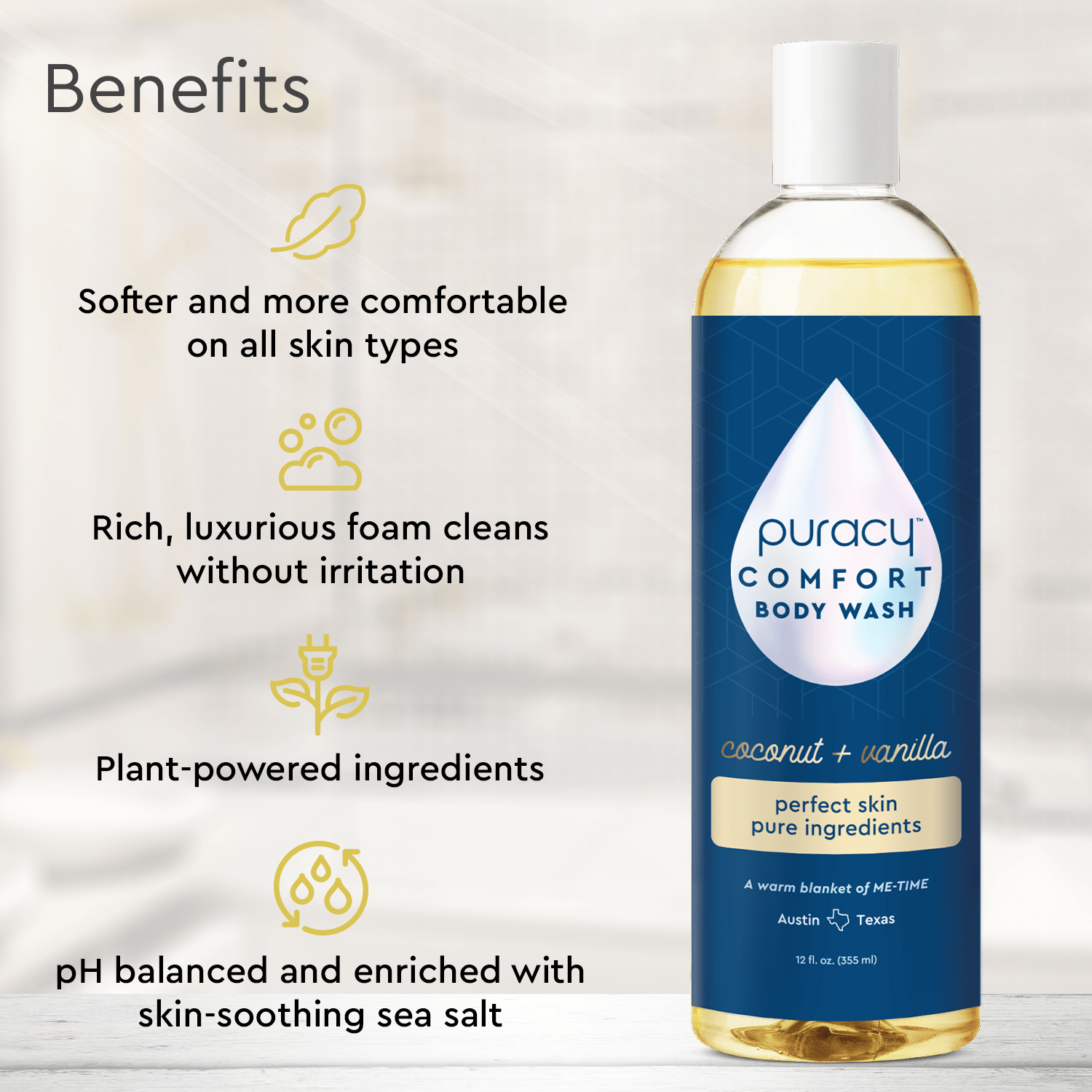 Refillable Body Wash bottle with hypoallergenic benefits on a blurred bathroom background.