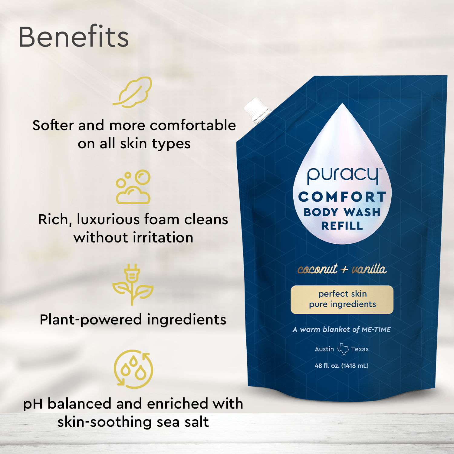 A Refillable Body Wash pouch offering an eco-friendly, natural formula and refreshing benefits.
