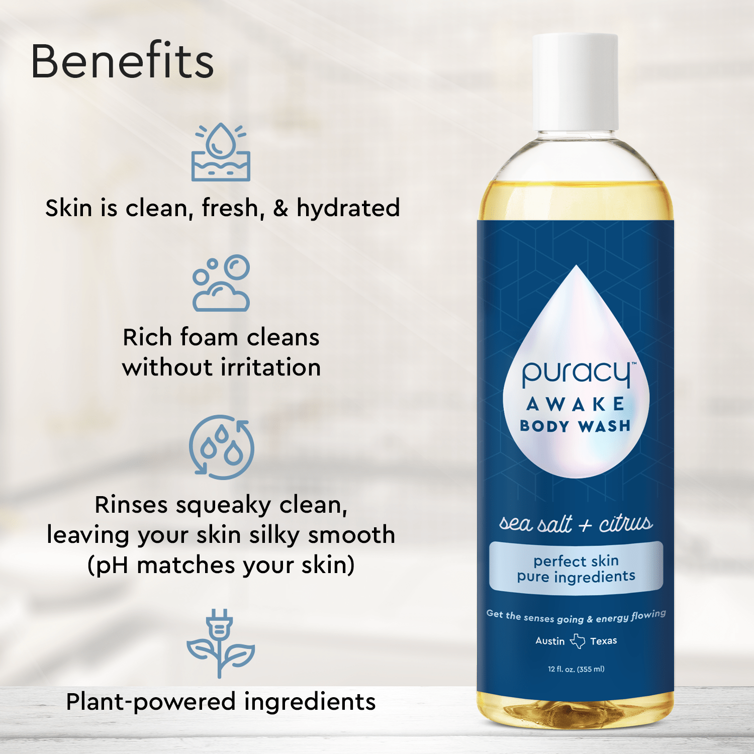Label reads Puracy Awake refillable natural body wash: eco-friendly, cleans & hydrates skin, rich foam.