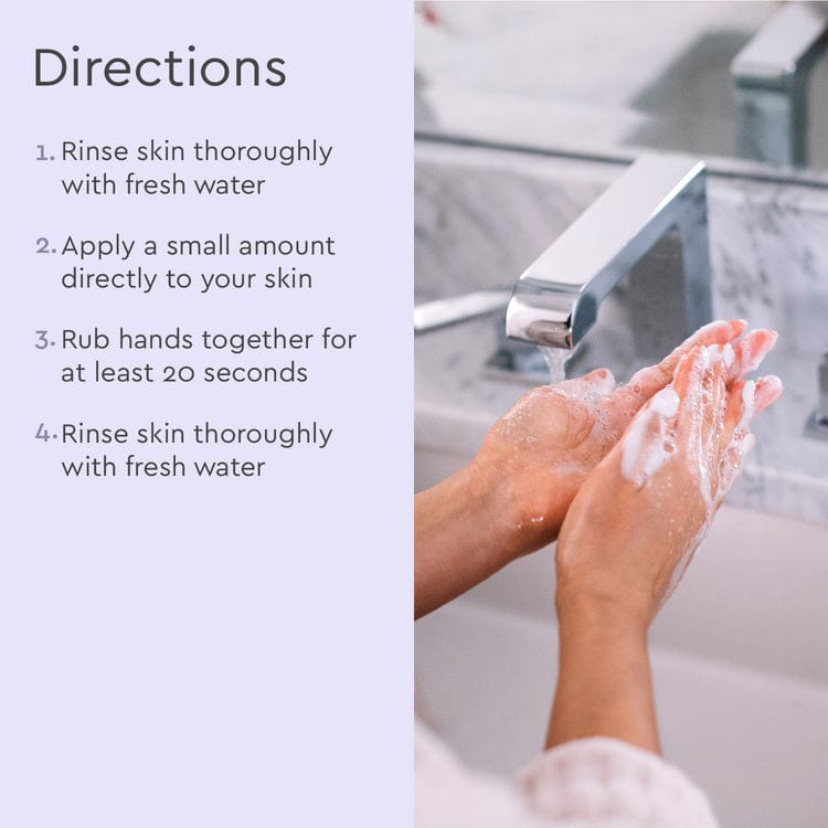 Hands being washed with Gel Hand Soap under a sink, formulated with plant-derived ingredients for effective cleaning. Follow the instructions to ensure your hands are not only clean but also moisturized and hydrated after each wash. #common #scent_lavender-vanilla refill_#size