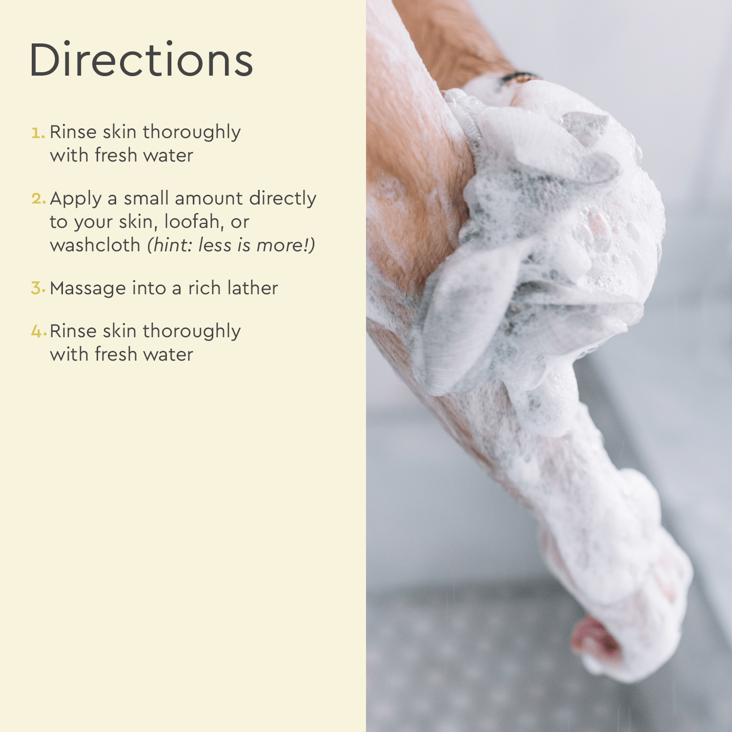 Hands covered in lather, washing with Refillable Body Wash’s natural formula per skincare directions.