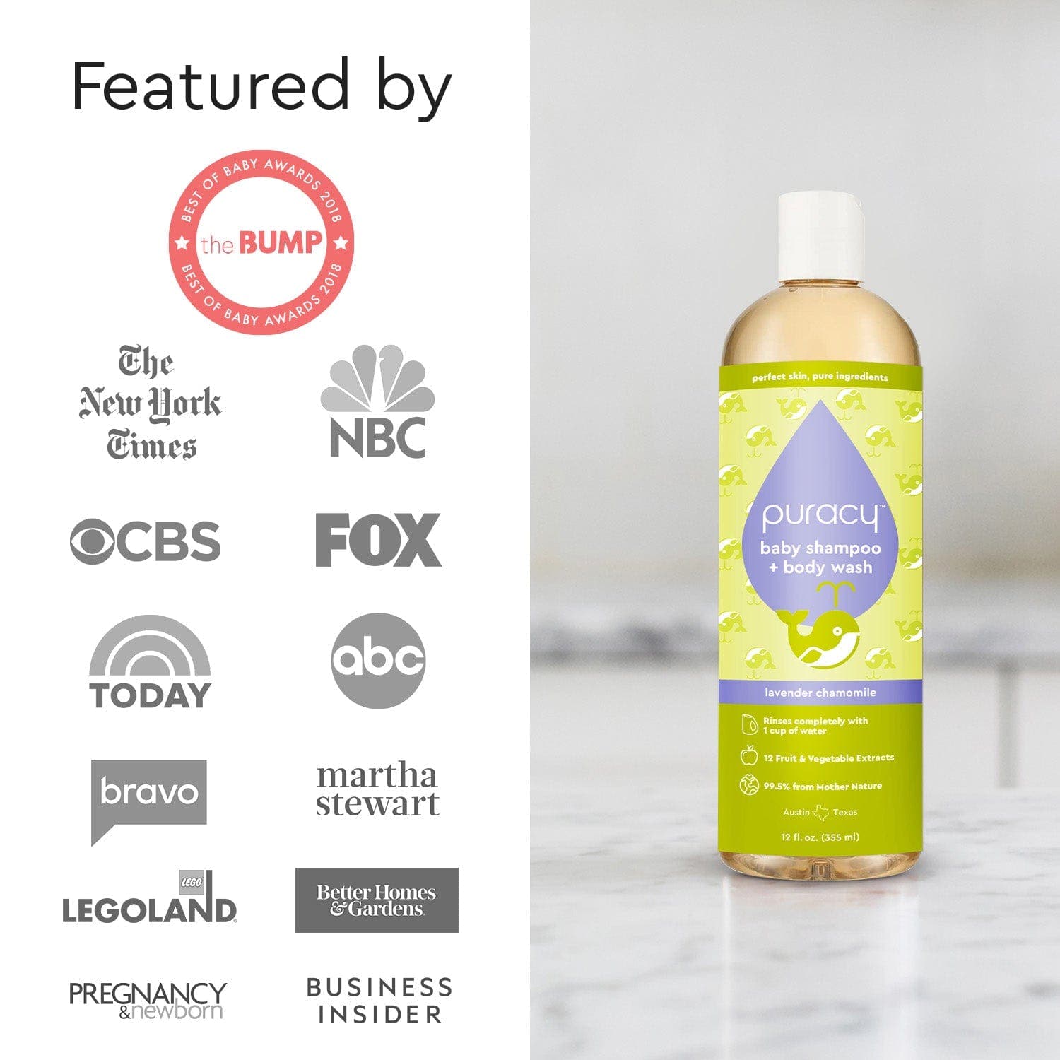 A bottle of Baby Shampoo & Body Wash (Tear-Free) with plant-derived ingredients sits on a marble countertop, accompanied by media outlet logos, emphasizing its gentle formula perfect for sensitive skin. #common #scent_lavender-chamomile standard-pack-of-2_#size