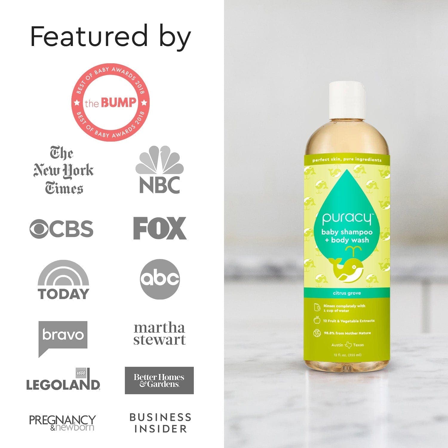 On a counter, the Baby Shampoo & Body Wash (Tear-Free) bottle is highlighted by logos of media outlets, showcasing its plant-derived ingredients ideal for sensitive skin. #common #scent_citrus-grove standard-pack-of-2_#size