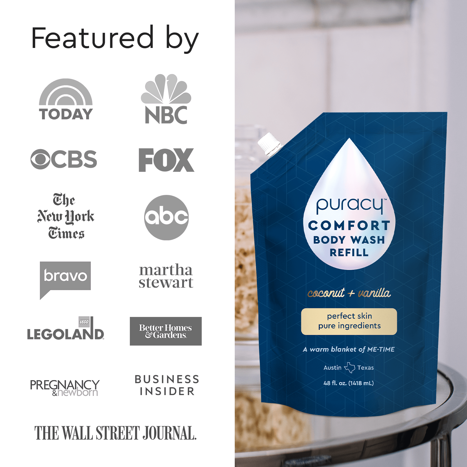 Refillable Body Wash pouch by Puracy with a natural, eco-friendly formula; media logos on the left.