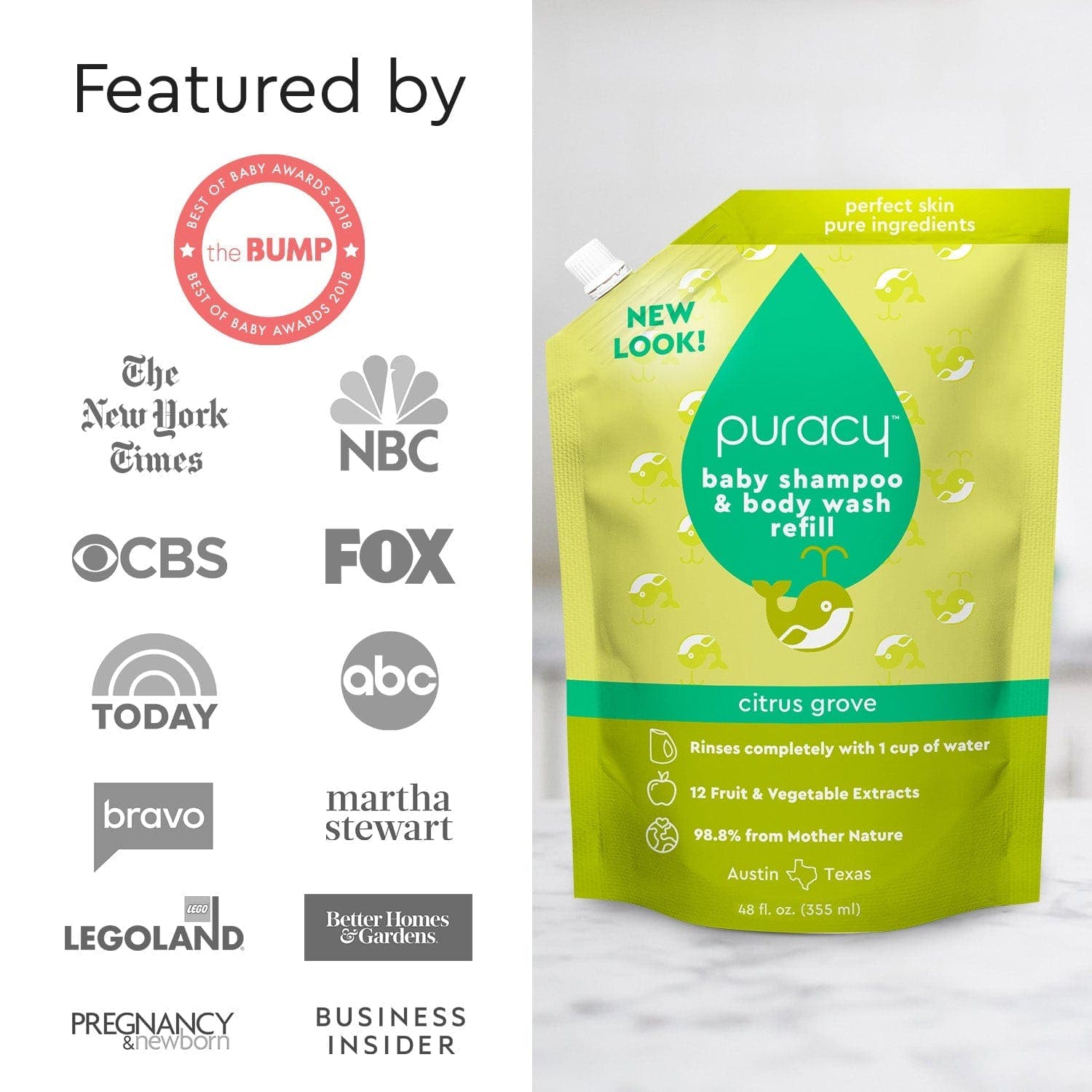 The Baby Shampoo & Body Wash (Tear-Free) refill pouch, adorned with logos from various media outlets, is made with plant-derived ingredients, ensuring it's ideal for sensitive skin. #common #scent_citrus-grove refill_#size