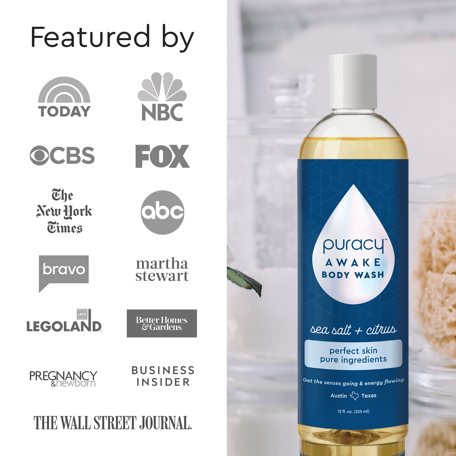 Refillable Body Wash with a natural formula featured by major media outlets.