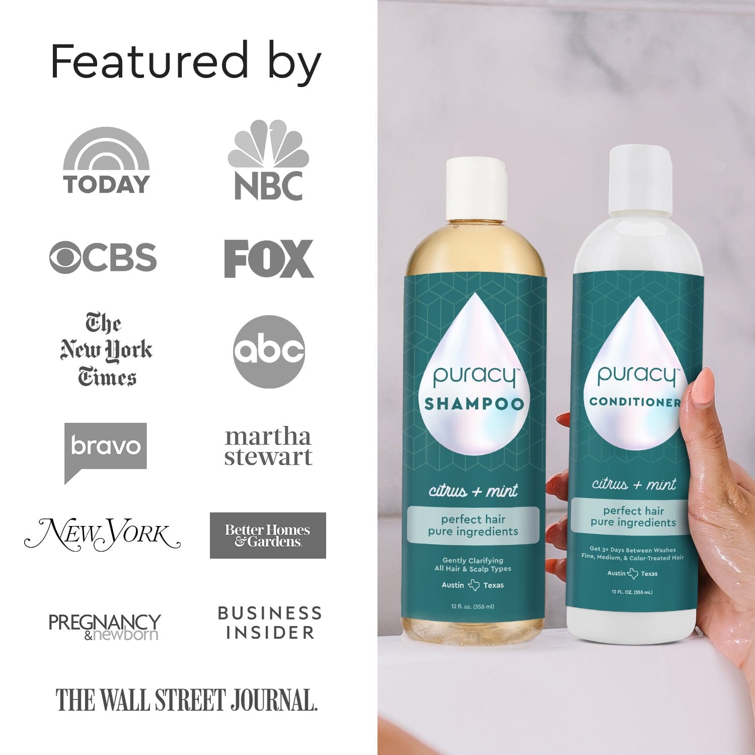 Sulfate, paraben, and silicone-free shampoo and conditioner bottles, featuring media logos such as NBC and The Wall Street Journal on the left, highlight formulations enriched with botanical extracts.