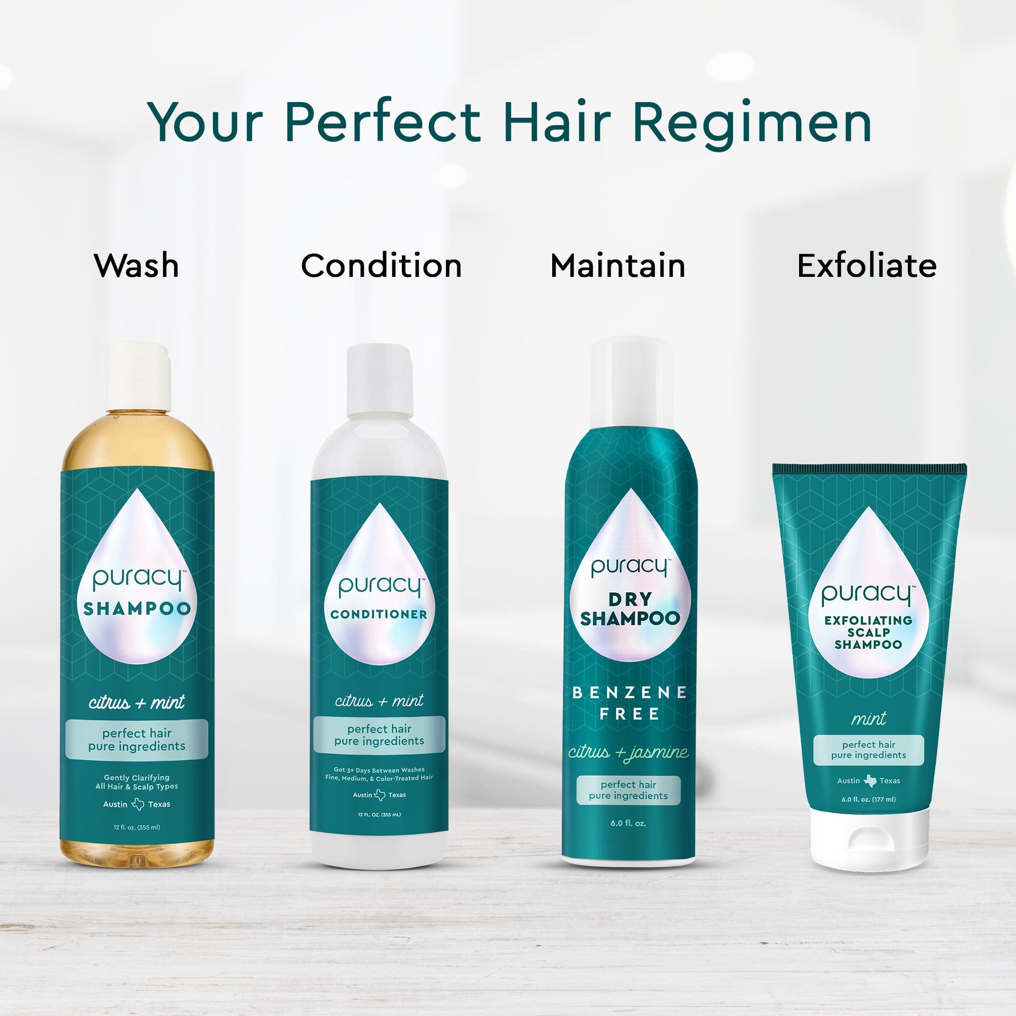 A set of Puracy hair care products featuring plant-based ingredients: shampoo, conditioner, Dry Shampoo (Benzene & Silicone-Free, Color-Safe), and exfoliating shampoo.