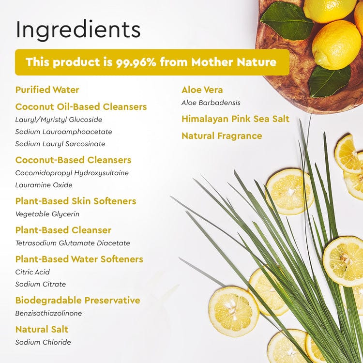Eco-friendly dish soap with lemon halves and aloe for natural cleaning.