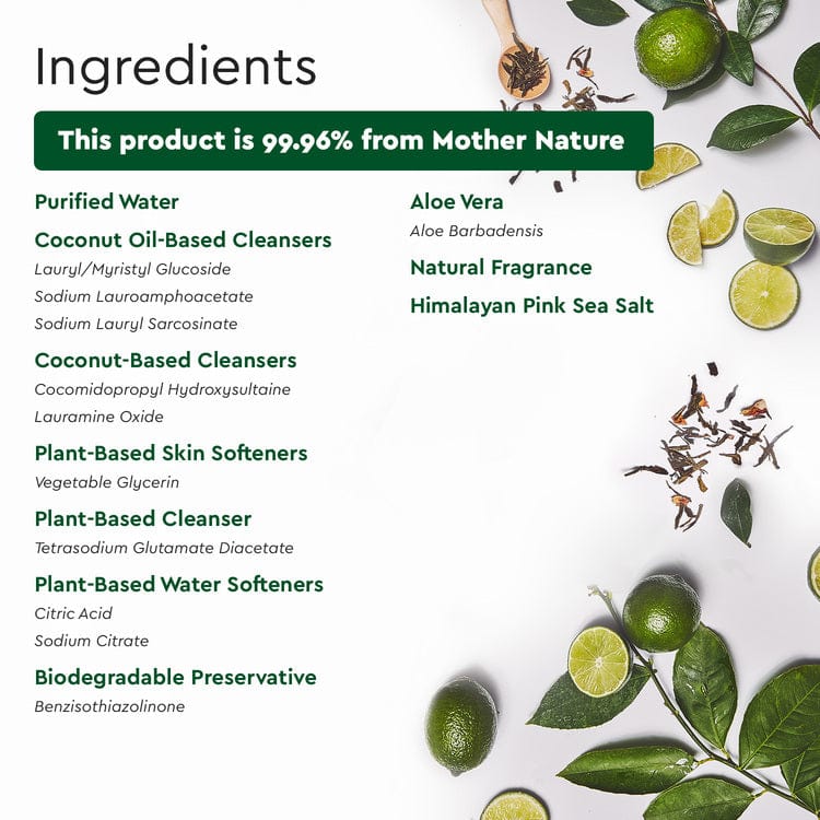 Dish Soap ingredients list with eco-friendly elements and green leaves surrounding the text.