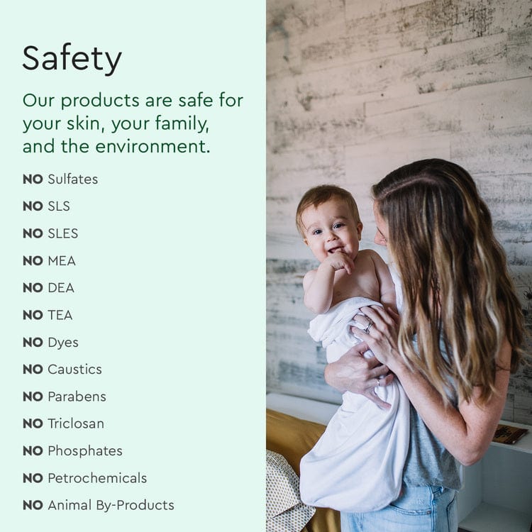 A woman holds a baby next to the eco-friendly Dish Soap list of excluded ingredients.