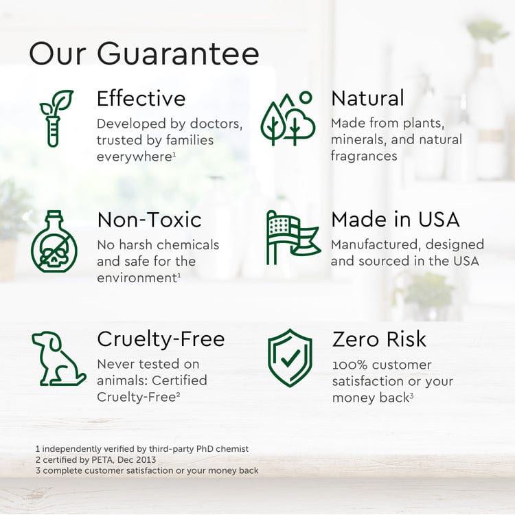 Dish Soap infographic: USA-made, natural, non-toxic, cruelty-free; zero-risk guarantee.