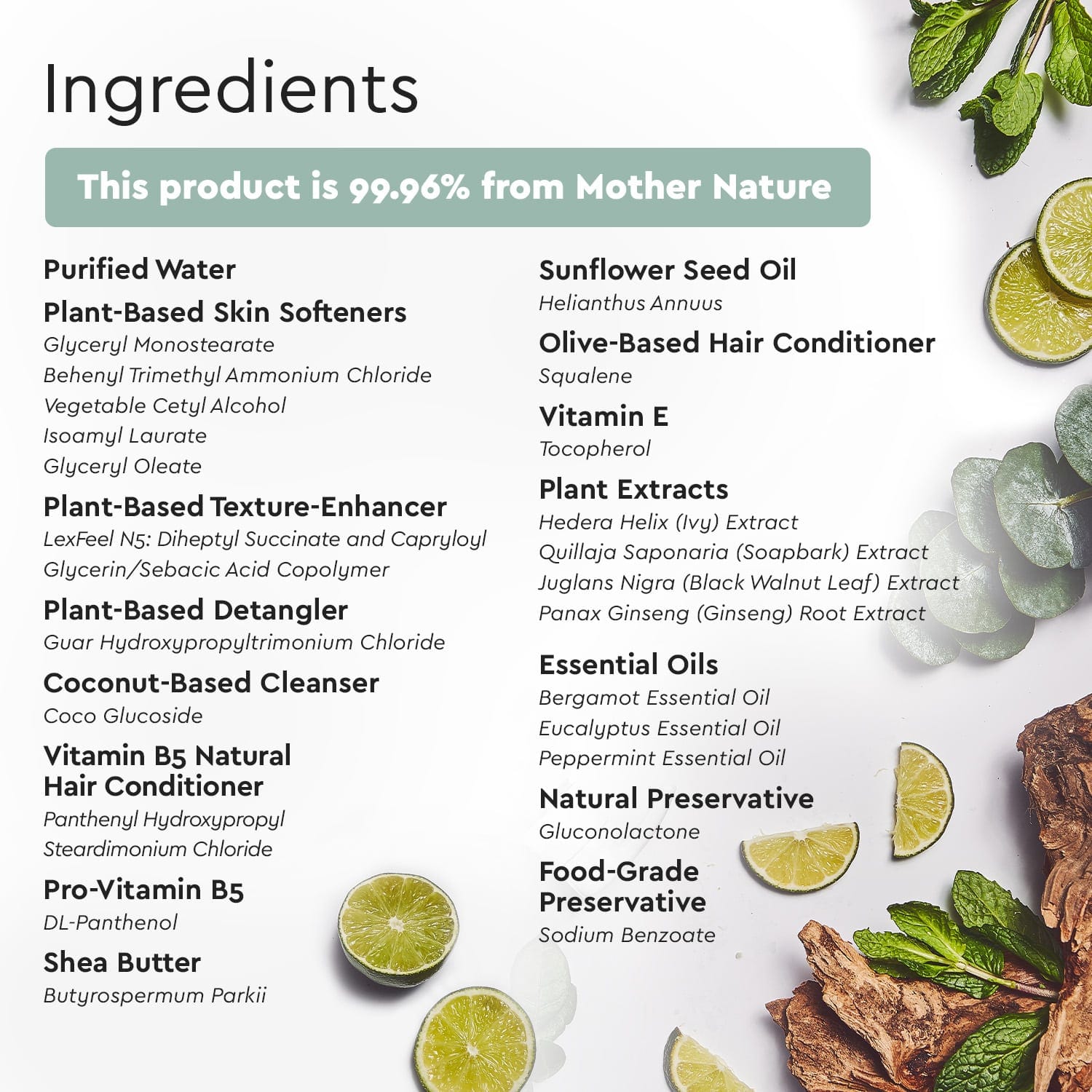 Shampoo ingredients list set against a backdrop of limes, leaves, and wooden slices, enhanced with botanical extracts for a natural feel. This formula is free from sulfates, parabens, and silicone.