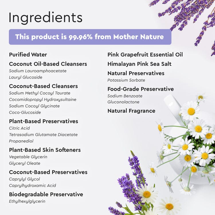 Ingredients list showcasing plant-derived components with floral accents and a nature-inspired backdrop, ideal for sensitive skin, as found in the Baby Shampoo & Body Wash (Tear-Free). #common #scent_lavender-chamomile