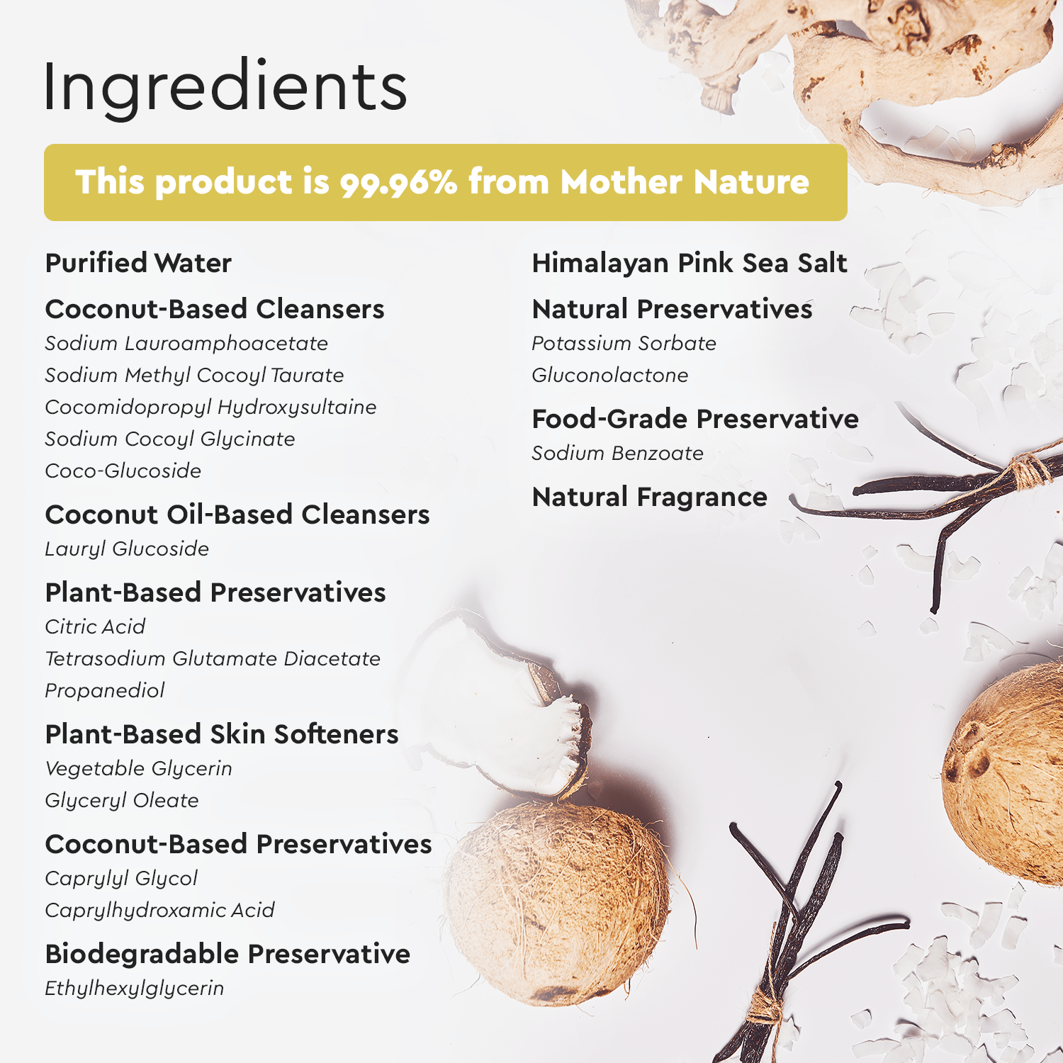 Refillable Body Wash with natural ingredients, featuring coconuts and herbs on a white background.