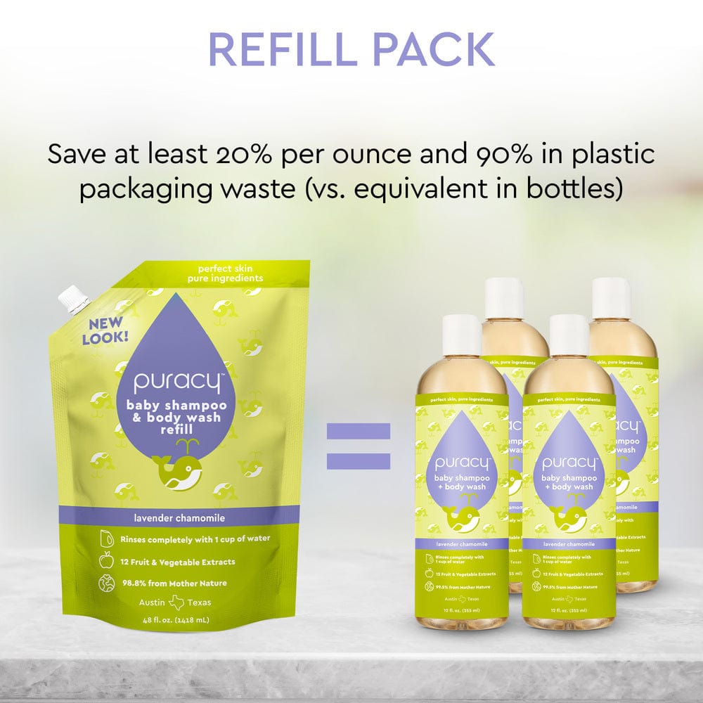 Puracy's Baby Shampoo & Body Wash (Tear-Free) refill pack, accompanied by four bottles, features a lavender chamomile formula ideal for sensitive skin with its plant-derived ingredients. #common #scent_lavender-chamomile refill_#size