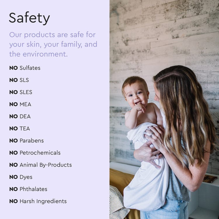 A mother holds her baby tenderly, emphasizing the absence of plant-derived ingredients in the Baby Shampoo & Body Wash (Tear-Free), making it perfect for sensitive skin. #common #scent_lavender-chamomile