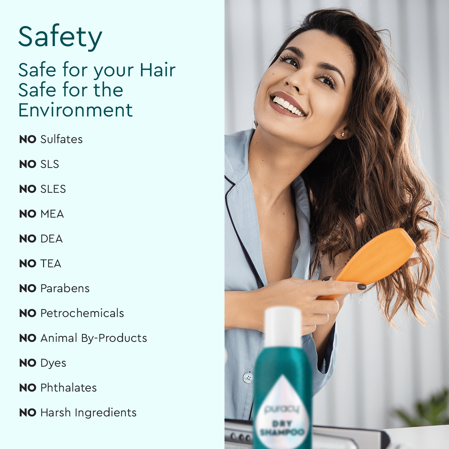 As she brushes her hair, a woman admires the safety features of Dry Shampoo, including its gentle hypoallergenic vegan formula and nourishing plant-based ingredients.