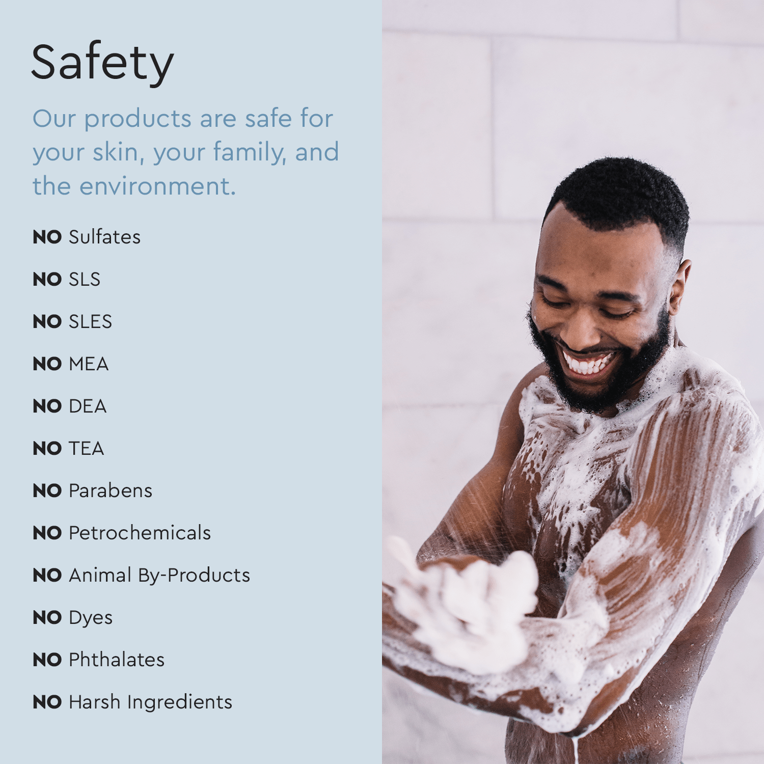 Man showering with Refillable Natural Body Wash, highlighting safety and eco-friendly, hypoallergenic ingredients.