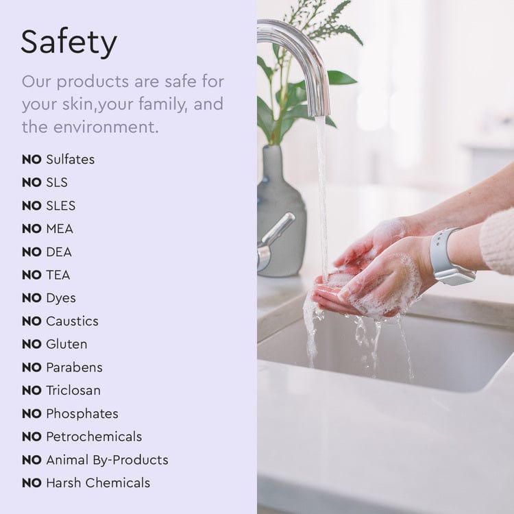 A person washes their hands at the sink, while the Foaming Hand Soap's list of plant-based ingredients and eco-friendly, biodegradable benefits is displayed on the side.