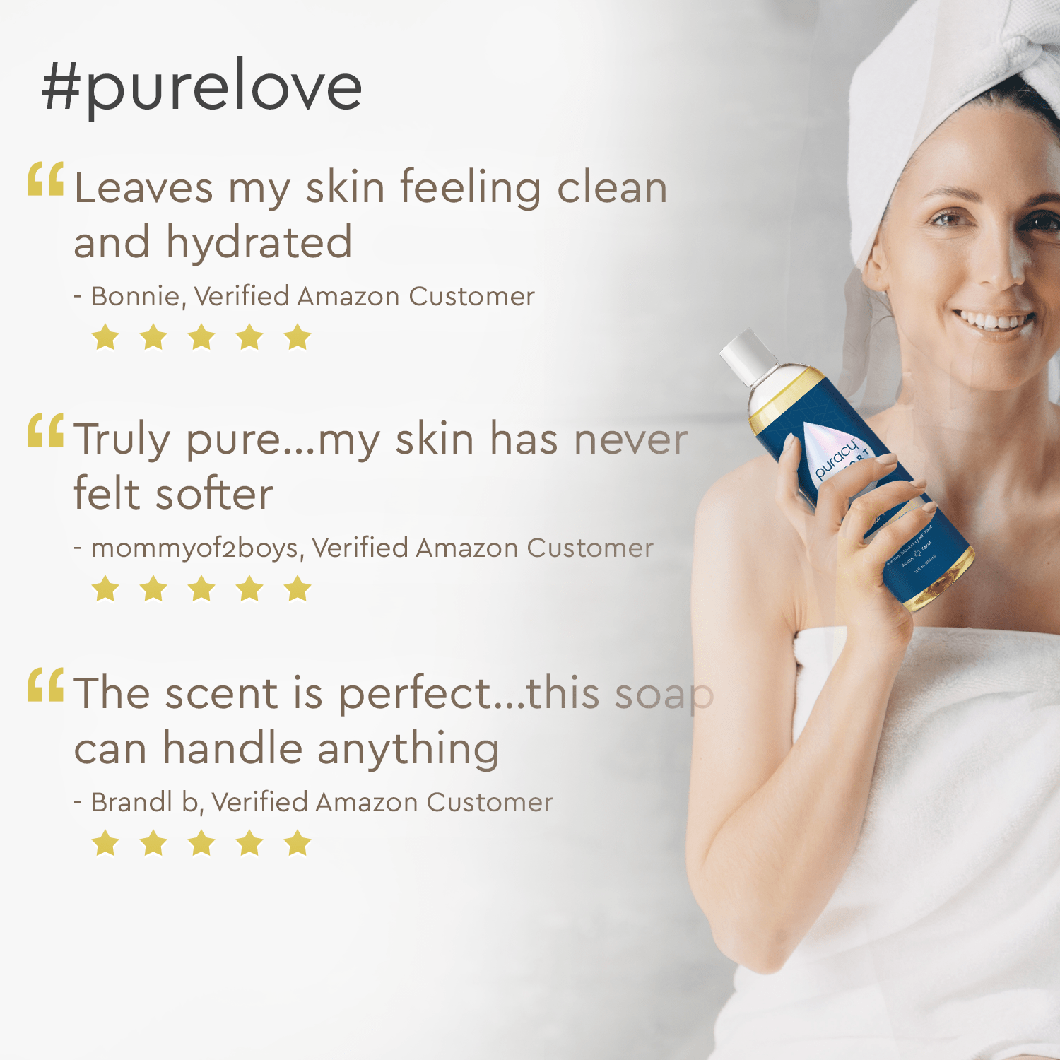Woman in towel holding Refillable Body Wash, celebrating 5-star reviews for our hypoallergenic product.