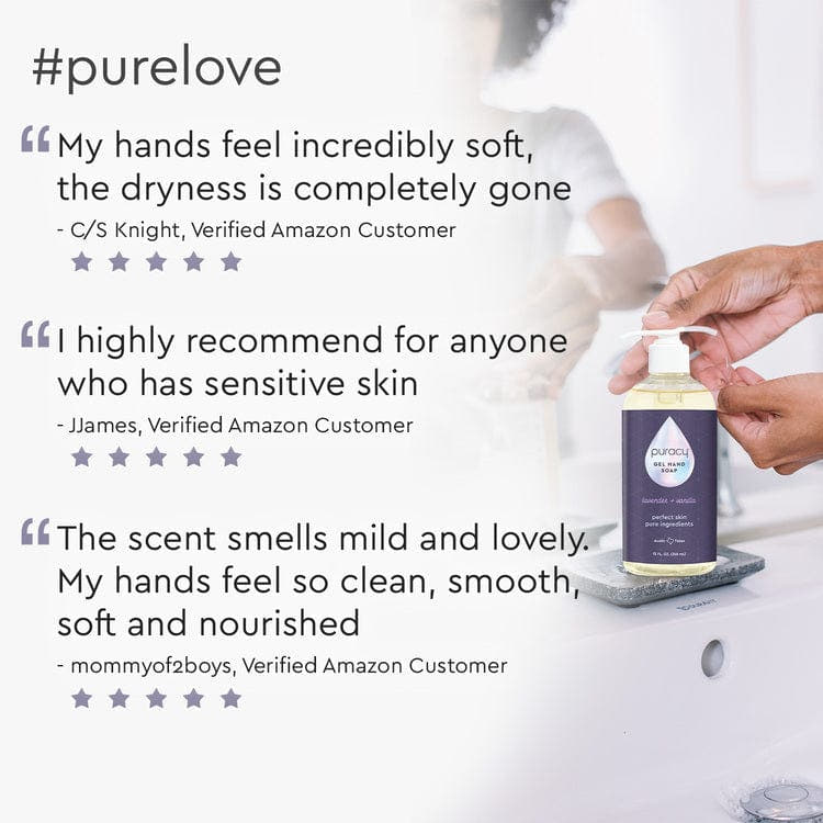 Hand pressing pump of Gel Hand Soap with moisturizing and hydrating plant-derived ingredients, alongside customer reviews and a hashtag on a white background. #common #scent_lavender-vanilla