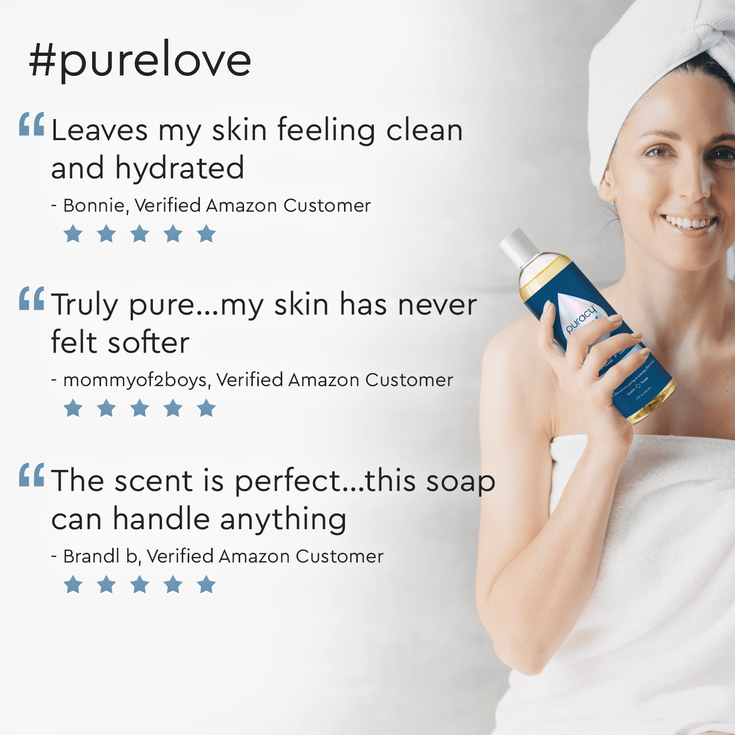 Woman in towel holds Refillable Natural Body Wash amid customer reviews and #purelove text.