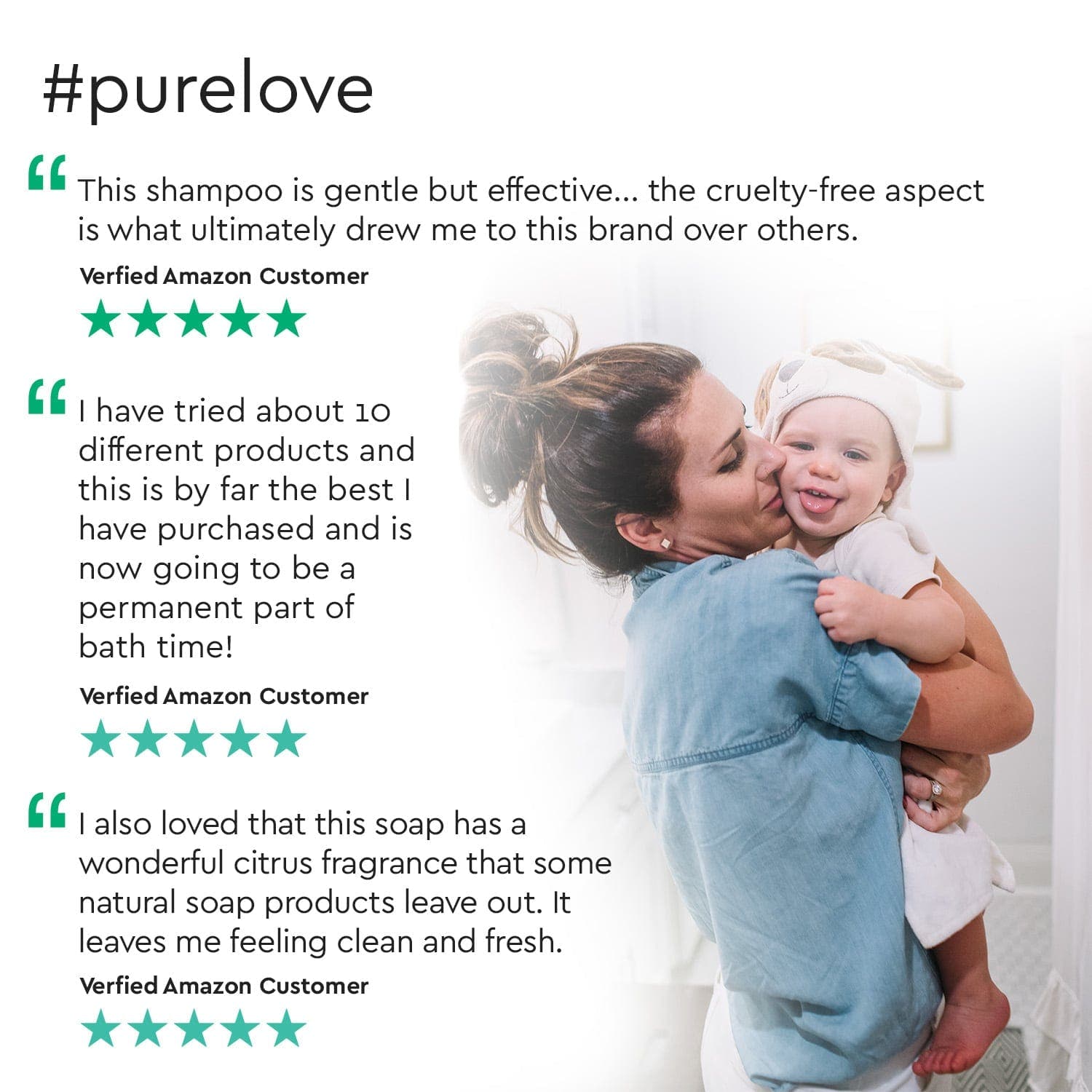 A woman embraces a smiling baby next to shampoo reviews featuring green stars, emphasizing the gentle care of Baby Shampoo & Body Wash (Tear-Free), which is crafted with plant-derived ingredients ideal for sensitive skin. #common#scent_citrus-grove